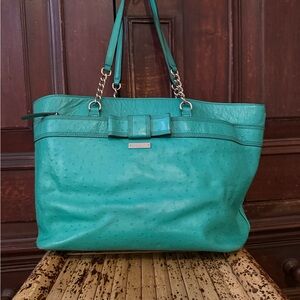 Kate Spade Harmony Rose Ave Kelly Green Ostrich Embossed Leather Tote Bag